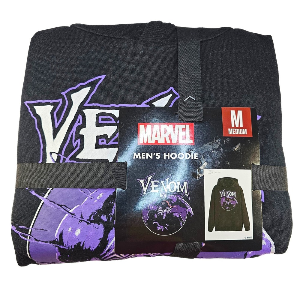 New Marvel Venom Hoodie Men's Medium Black Purple‎ Graphic Pullover Sweatshirt